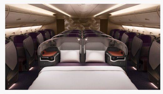 シンガポール航空A380ビジネスクラスは上質感あふれる落ち着いた空間！ダブルベッド仕様でホテルのようにくつろげます